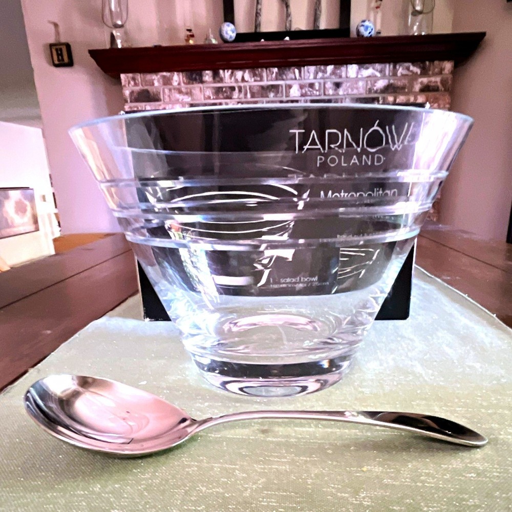 Tarnow Poland Mouth-Blown Crystal Bowl 10 inch plus Gorham 18/8 Serving Spoon